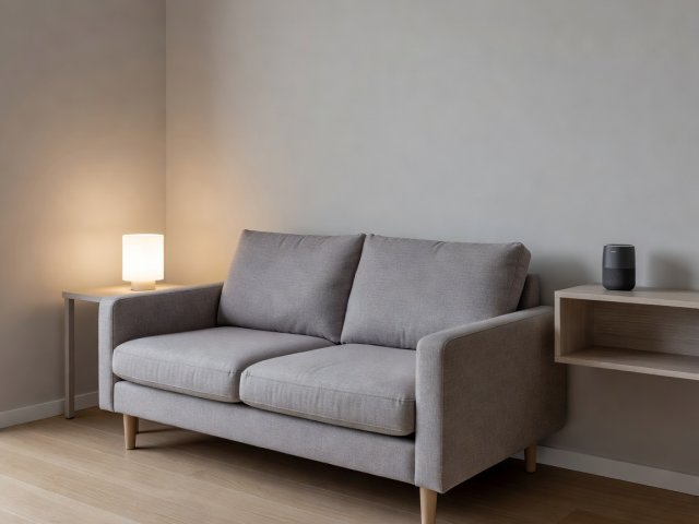 Lounge of our rented test flat with a smart lamp glowing warm white beside a sofa and a small smart speaker on a shelf